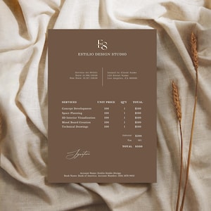 May include: A brown invoice template for Estilio Design Studio featuring white text, a logo with the letters ES, a list of services including Concept Development and Space Planning, and a signature line at the bottom, presented on a rectangular document.
