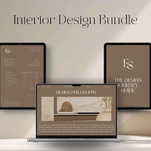 May include: An Interior Design Bundle displayed on two tablets and one laptop screen. The screens feature a brown color palette with white text, including the titles Interior Design Bundle, The Design Journey Guide, and Design Philosophy.