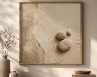 May include: A square wall art piece in a wooden frame featuring a textured beige surface with a vertical fissure, three smooth rounded stones, and concentric circular patterns etched into the sand-like material in a neutral color palette.