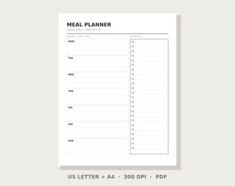 Weekly Meal Planner & Grocery List Printable | Instant Download PDF | US Letter and A4 | Minimalist List | Digital Download