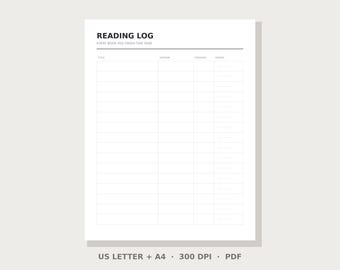 Lesetagebuch und Buchtracker zum Ausdrucken | Sofortiger PDF-Download | US Letter & A4 | Minimalistischer Tracker | Digitaler Download