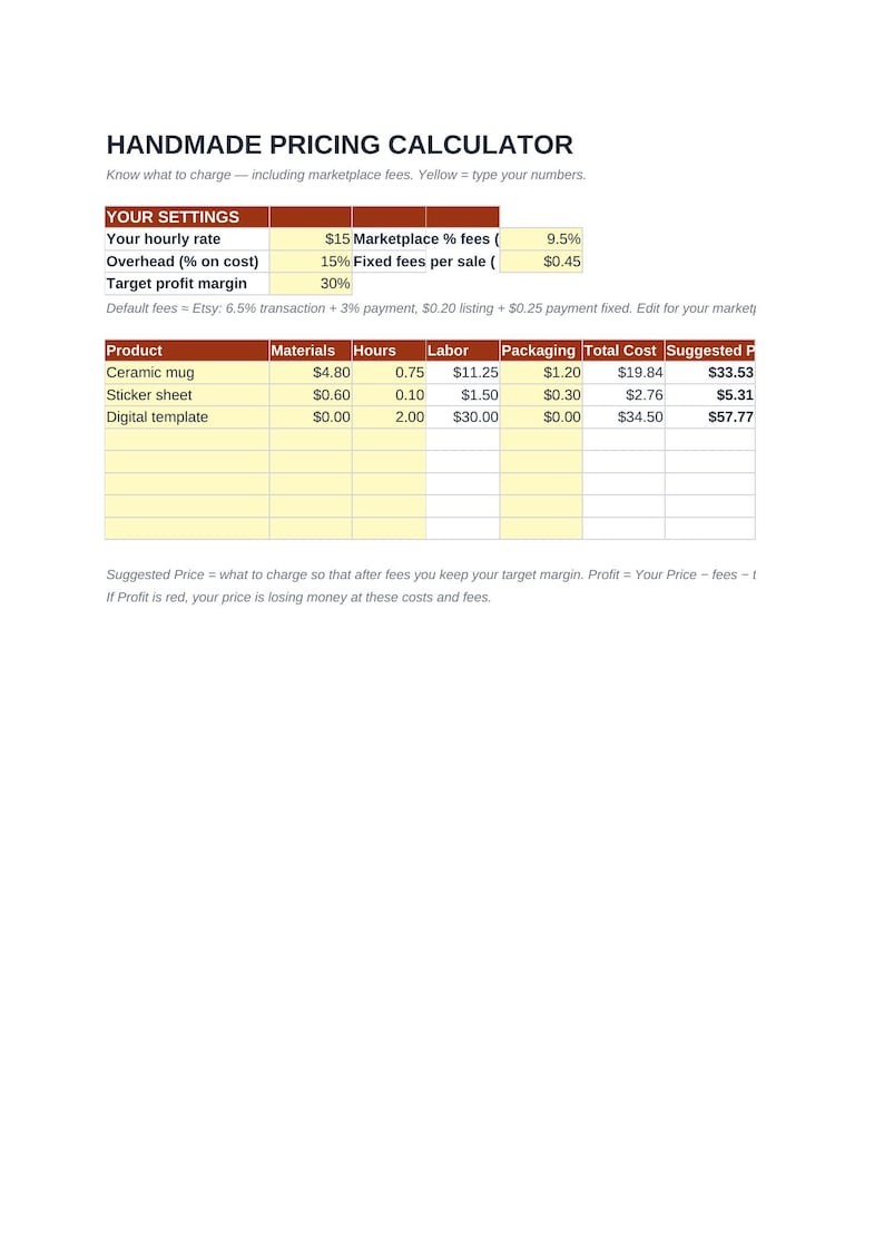 Preiskalkulations-Tabelle für Verkäufer handgefertigter Produkte | Etsy-Gebühren- und Gewinnrechner (Excel) | Vorlage für Produktpreise | Download Bild 1