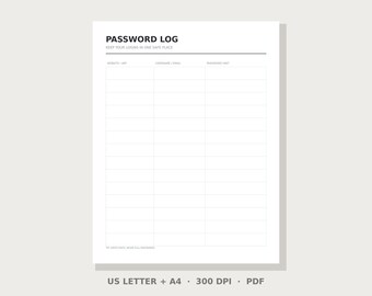 Passwort-Tracker zum Ausdrucken | Sofort-Download (PDF) | Formate: US Letter & A4 | Minimalistisches Design | Digitaler Download