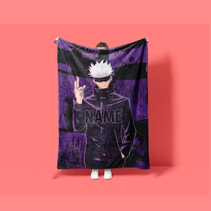 Couverture personnalisée Satoru Gojo violet néon, jeté de lit avec bandeau de sorcier, motif manga, style minimaliste, cadeau pour les fans de Jujutsu Kaisen