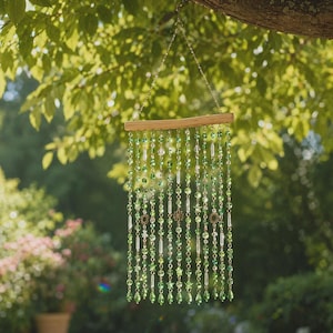 May include: A hanging suncatcher featuring multiple strands of green and clear glass beads suspended from a horizontal wooden bar. The beads include various shapes such as spheres, stars, and teardrops, connected by thin metal chains and rings.