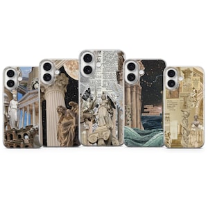 May include: Five clear phone cases featuring collage designs of classical architecture, Greek statues, starry night skies, ocean waves, and vintage newspaper text. Each case displays a unique arrangement of these beige, black, and blue elements.