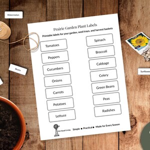 Peut inclure: Une feuille de papier blanche intitulée Prairie Garden Plant Labels avec deux colonnes de cases rectangulaires contenant des noms de légumes comme Tomatoes, Spinach, Peppers et Broccoli. La feuille inclut un logo moulin et du texte.