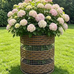 Peut inclure: Un grand support de plante cylindrique composé d'une grille en fil métallique argenté entrelacée de bandes horizontales en plastique marron, contenant un hortensia touffu aux nombreuses grappes de fleurs rose pâle et blanches.