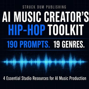 Op de afbeelding: Een digitale afbeelding met de titel Struck Dum Publishing AI Music Creator's Hip-Hop Toolkit, met 190 prompts en 19 genres. Onder de tekst staat een felblauwe, oplichtende geluidsgolfvisualisatie op een donkere achtergrond.