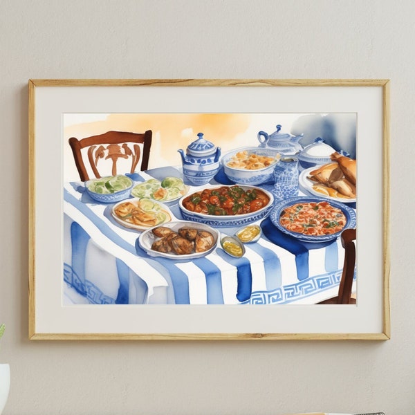 Greek Kitchen Print, Blue & White Table Art, Mediterranean Decor, Greece Dining table, Greece Digital Print