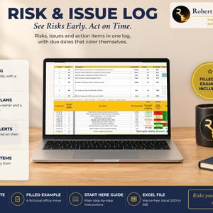 May include: A laptop screen displaying a Risk & Issue Log Excel template with columns for descriptions, owners, and due dates. The interface features colour-coded status alerts, risk scoring, and a list of action items for project management.