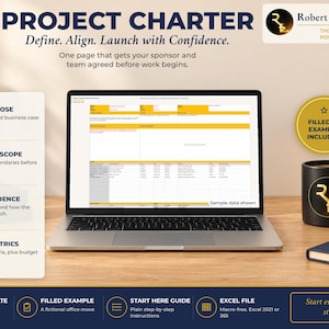 May include: A laptop displaying a Project Charter Excel template with yellow and white sections. The screen shows project management fields, while text on the side lists features like Clear Purpose, In & Out of Scope, Roles & Cadence, and Success Metrics.