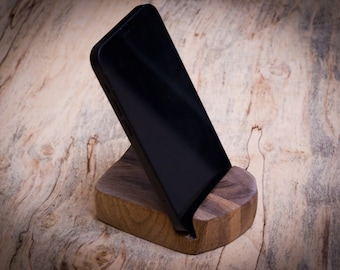 Phone stand made from walnut wood with modern minimalist look