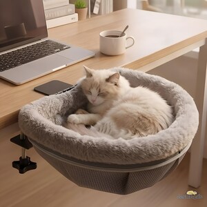 Desk Mounted Cat Bed Clamp On Hammock, Space Saving Pet Bed for Under Desk Table, Cozy Plush Nap Bed Gift for Cat Owners