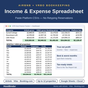 May include: A digital income and expense spreadsheet for Airbnb and VRBO bookkeeping. The interface displays property financial data, monthly income, expenses, and profit tables with columns for gross earnings, platform fees, and net profit calculations.