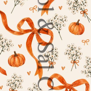 May include: A cream-colored background featuring a repeating pattern of orange ribbons tied in bows, small orange pumpkins, and sprigs of white baby's breath flowers. Small orange heart outlines are scattered throughout. Text reads Sol & Sal Co.