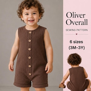 Może przedstawiać: Brązowy bezrękawnik z zapięciem na sześć jasnych guzików z przodu. Tekst głosi Oliver Overall SEWING PATTERN 6 sizes (3M-3Y). Odzież jest prezentowana na dziecku w widoku z przodu oraz w widoku z tyłu.
