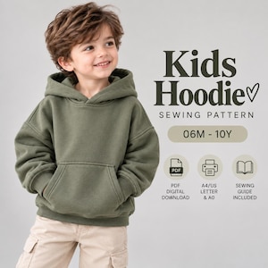 Puede incluir: Una sudadera con capucha de color verde oliva con bolsillo tipo canguro, mangas largas y puños acanalados. El texto dice: Kids Hoodie SEWING PATTERN, 06M - 10Y, PDF DIGITAL DOWNLOAD, A4/US LETTER & A0, SEWING GUIDE INCLUDED. Diseño con capucha.