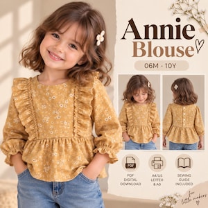 Op de afbeelding: Een mosterdgele blouse met lange mouwen en een klein wit bloemenpatroon, voorzien van verticale ruches aan de voorzijde, een peplumzoom en elastische boorden. De tekst luidt Annie Blouse, 06M-10Y, PDF Digital Download, A4/US Letter & A0.