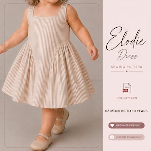 Könnte beinhalten: Ein ärmelloses Kleid mit quadratischem Ausschnitt und gerafftem Rock mit beigefarbenem und weißem vertikalem Streifenmuster. Der Text rechts lautet Elodie Dress Sewing Pattern, PDF Pattern, 06 Months to 10 Years, Beginner Friendly, Instant Download.