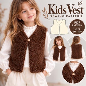 Op de afbeelding: Een naaipatroon voor een bruin sherpa fleece vest voor kinderen, voorzien van een enkele houten knoopsluiting. Het digitale PDF-patroon bevat maten van 6 maanden tot 10 jaar, met visuele voorbeelden van de voor- en achterkant van het kledingstuk.