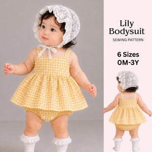 May include: A yellow and white gingham bodysuit sewing pattern labeled Lily Bodysuit 6 Sizes 0M-3Y. The garment features a sleeveless bodice with a flared peplum waist and a snap-closure bottom, paired with a white lace bonnet and ruffled socks.