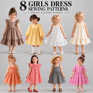 May include: A digital collection of 8 girls dress sewing patterns featuring various styles including gingham, polka dot, and solid colors. The image displays eight different dress designs with ruffled sleeves, tiered skirts, and smocked bodices.
