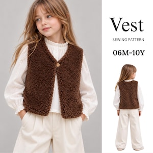 May include: A brown sleeveless vest made of textured fleece material with a single front button closure. The text on the right side reads Vest SEWING PATTERN 06M-10Y. The garment is shown from both the front and back views on a plain background.