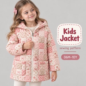 May include: A quilted hooded jacket featuring a patchwork design of pink and white floral and gingham patterns, a front zipper closure, and two front pockets. The text "Kids Jacket sewing pattern 06M-10Y" is displayed on the right side.