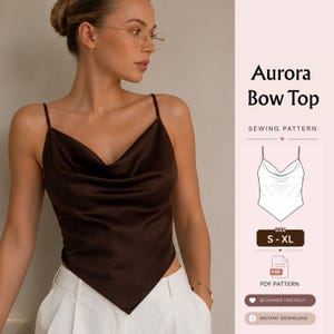 Puede incluir: Un top sin mangas de color marrón oscuro con escote tipo cowl y dobladillo en punta. La imagen incluye el texto Aurora Bow Top, Sewing Pattern, Size S-XL, PDF Pattern, Beginner Friendly, Instant Download y un dibujo lineal del top.