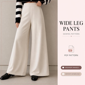 Könnte beinhalten: Schnittmuster für eine weite Hose im digitalen PDF-Format. Das Bild zeigt eine cremeweiße Hose mit hoher Taille und lockerem, fließendem Schnitt, kombiniert mit schwarzen Slippern und einem schwarz-weiß gestreiften Langarmshirt. Der Text lautet WIDE LEG PANTS SEWING PATTERN, PDF PATTERN, BEGINNER FRIENDLY und INSTANT DOWNLOAD.