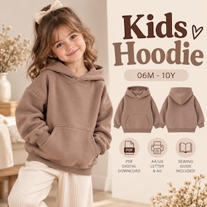 May include: A brown long-sleeve hooded sweatshirt with a front kangaroo pocket. The text reads Kids Hoodie, 06M - 10Y, PDF DIGITAL DOWNLOAD, A4/US LETTER & A0, SEWING GUIDE INCLUDED. The design shows front and back views of the garment.