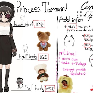 Pode incluir: Uma folha de comissão de arte digital intitulada Princess Tamarind apresentando uma ilustração de personagem, três peluches e texto detalhando preços e prazos. O personagem veste um vestido preto com corpete branco, uma boina e uma cauda. O texto inclui Comms Open, head shot 10, half body 15 e full body 25.