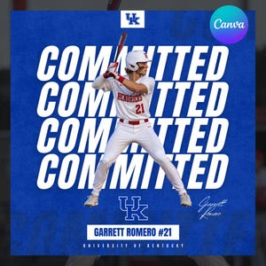 May include: A baseball player in a white uniform with the name HENDRICKS and number 21 on the chest, wearing a white helmet and holding a bat. The background is blue with the repeated white text COMMITTED and the University of Kentucky logo.