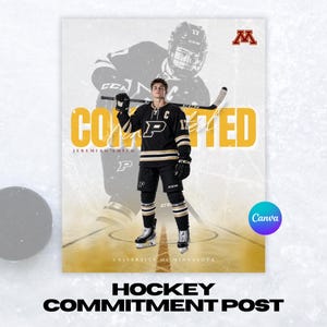 May include: A digital graphic featuring a hockey player in a black and gold uniform with the letter P on the chest, holding a hockey stick. The text COMMITTED is displayed in large yellow letters, with the name Jeremiah Smith and University of Minnesota.