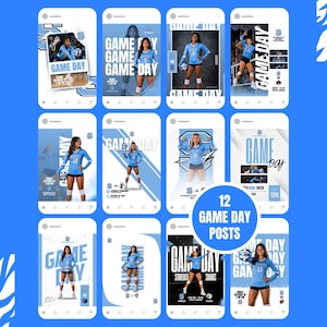 May include: A collection of twelve digital social media templates for volleyball game day announcements. Each template features light blue and white color schemes, typography reading GAME DAY, and placeholders for athlete photos in uniform.