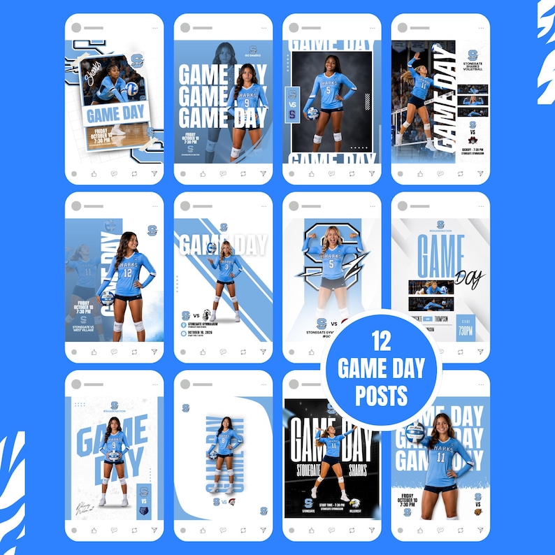 May include: A collection of twelve digital social media templates for volleyball game day announcements. Each template features light blue and white color schemes, typography reading GAME DAY, and placeholders for athlete photos in uniform.