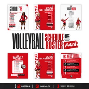 May include: A digital volleyball schedule and roster pack featuring red and white graphics. Includes multiple templates for the 2026 season, team rosters, and a weekly schedule layout with bold typography and imagery of volleyball players in uniform.