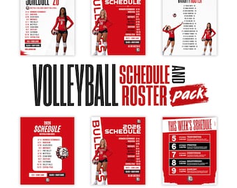 Può includere: Un pacchetto digitale di calendario e roster di pallavolo con grafiche rosse e bianche. Include diversi modelli per la stagione 2026, elenchi delle squadre e un layout per il programma settimanale con tipografia e immagini di giocatori in divisa.