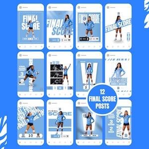 May include: A collection of 12 digital social media templates for volleyball final score announcements. Each template features a light blue and white color scheme, displaying a volleyball player in uniform, the text FINAL SCORE, and game statistics.