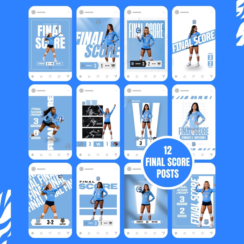 May include: A collection of 12 digital social media templates for volleyball final score announcements. Each template features a light blue and white color scheme, displaying a volleyball player in uniform, the text FINAL SCORE, and game statistics.