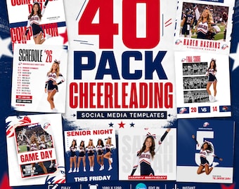 Può includere: Un pacchetto di 40 modelli per social media dedicati al cheerleading con schemi di colori rosso, bianco e blu. I design includono testi come Competition Day, Schedule '26, Cheerleader of the Week, Final Score, Game Day, Senior Night e 5 Days Til Game Day.