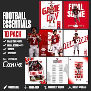 May include: A digital 10-pack of editable football social media templates featuring red and white color schemes. The designs include game day graphics, final score boards, a roster list, and a schedule, all showcasing players in Warriors uniforms.