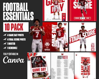 Può includere: Un pacchetto digitale di 10 modelli modificabili per social media a tema football, con schemi di colore rosso e bianco. I design includono grafiche per il giorno della partita, punteggi finali, una lista della rosa e un calendario.