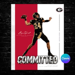 Könnte beinhalten: Ein grafisches Poster mit einem Footballspieler in schwarzer Uniform mit der Nummer 24, der einen Football wirft. Der Hintergrund ist rot und weiß geteilt. Der Text enthält "COMMITTED", "Bryan Taylor", "University of Georgia Football" und "UGA Bulldogs".