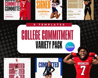 Può includere: Un pacchetto digitale di cinque modelli per impegni universitari con immagini atletiche, tipografia audace e il testo College Commitment Variety Pack. I design includono vari temi sportivi con schemi di colori rosso, arancione, oro e blu.