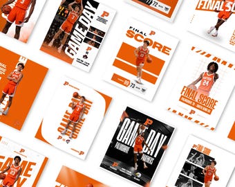 Può includere: Una collezione di poster grafici a tema basket con giocatori in divise arancioni e bianche. I design includono testi come GAME DAY, FINAL SCORE e PALMGROVE PANTHERS, mostrando scatti d'azione di atleti con palloni da basket.