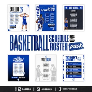 May include: A basketball schedule and roster pack featuring blue and white designs. Includes two varsity rosters, three game schedules, and one weekly schedule template with text detailing team events, player names, and game dates for 2026.