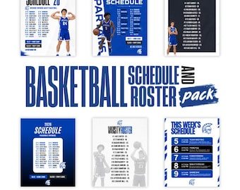 Può includere: Un pacchetto di calendari e rose per pallacanestro con design blu e bianchi. Include due rose della squadra, tre calendari delle partite e un modello di programma settimanale con testo che dettaglia eventi e date per il 2026.