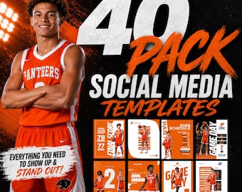 Può includere: Un pacchetto di 40 modelli per social media per squadre di basket con grafiche arancioni e bianche. Il testo include 40 PACK SOCIAL MEDIA TEMPLATES, PERFECT FOR TEAMS, COACHES & BOOSTER CLUBS!, EVERYTHING YOU NEED TO SHOW UP & STAND OUT! e INSTANT DOWNLOAD.